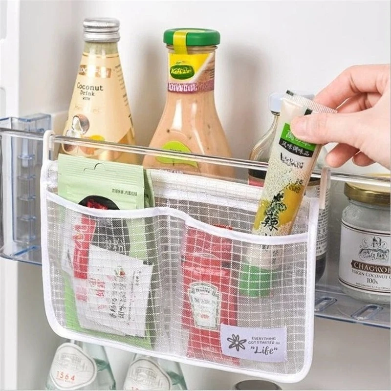 

Refrigerator Storage Mesh Bag Hanging Household Classification Storage Bag Double Compartment Refrigerator Storage Hanging Bag