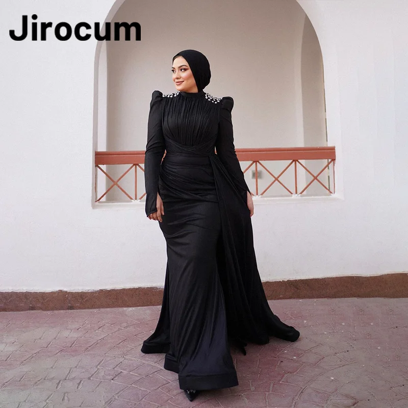 Jirocum Mermaid Prom Dress Women's Long Sleeve High Neck Muslim Party Evening Gowns Temperament Black Special Occasion Dresses