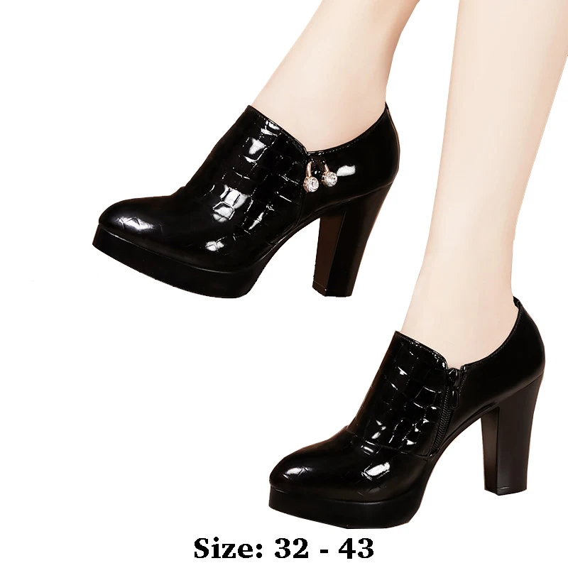 

high quality leather shoe for women 8cm high heel platform point toe 32 33 43 elegant work 2025 autumn winter shoe black red