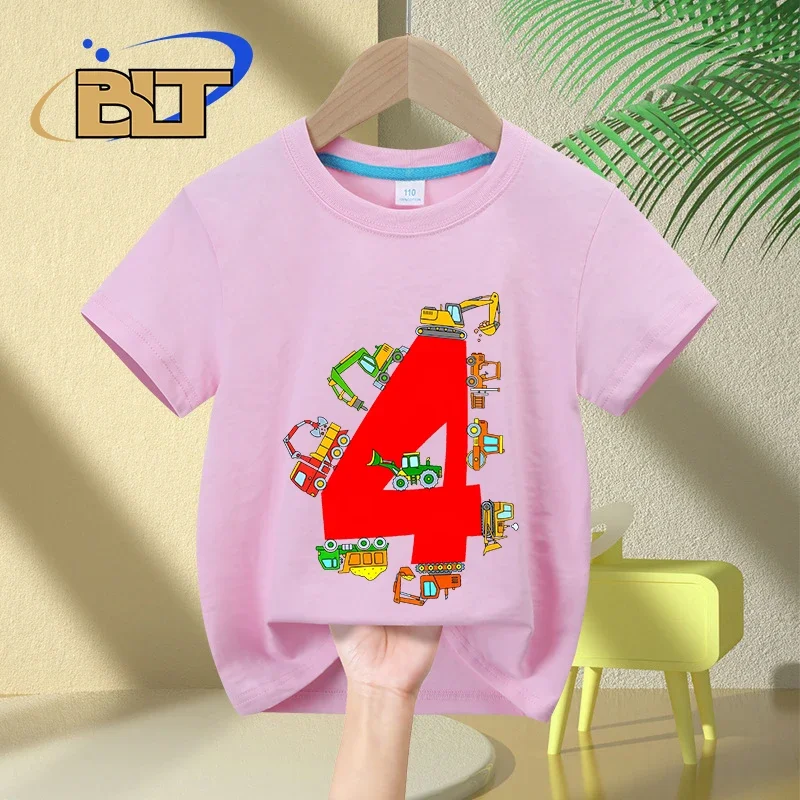 4th Birthday T-shirt Excavator Construction Truck print kids summer cotton short sleeve surprise gift