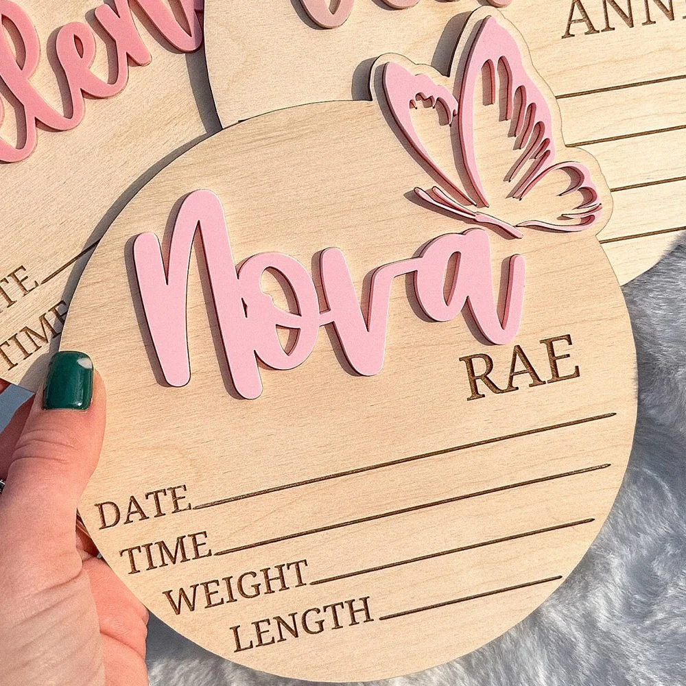 Baby Girl Name Sign With Butterfly, Baby Name Announcement Sign, Wooden Name Sign, Birth Hospital Announcement Sign, image 2