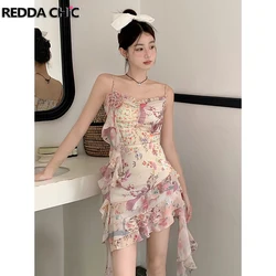 REDDACHiC Asymmetrical Ruffle Hem Women Mini Dress Shirring Lettuce Trim Patchwork Print Floral Cami One-piece Coquette Clothes