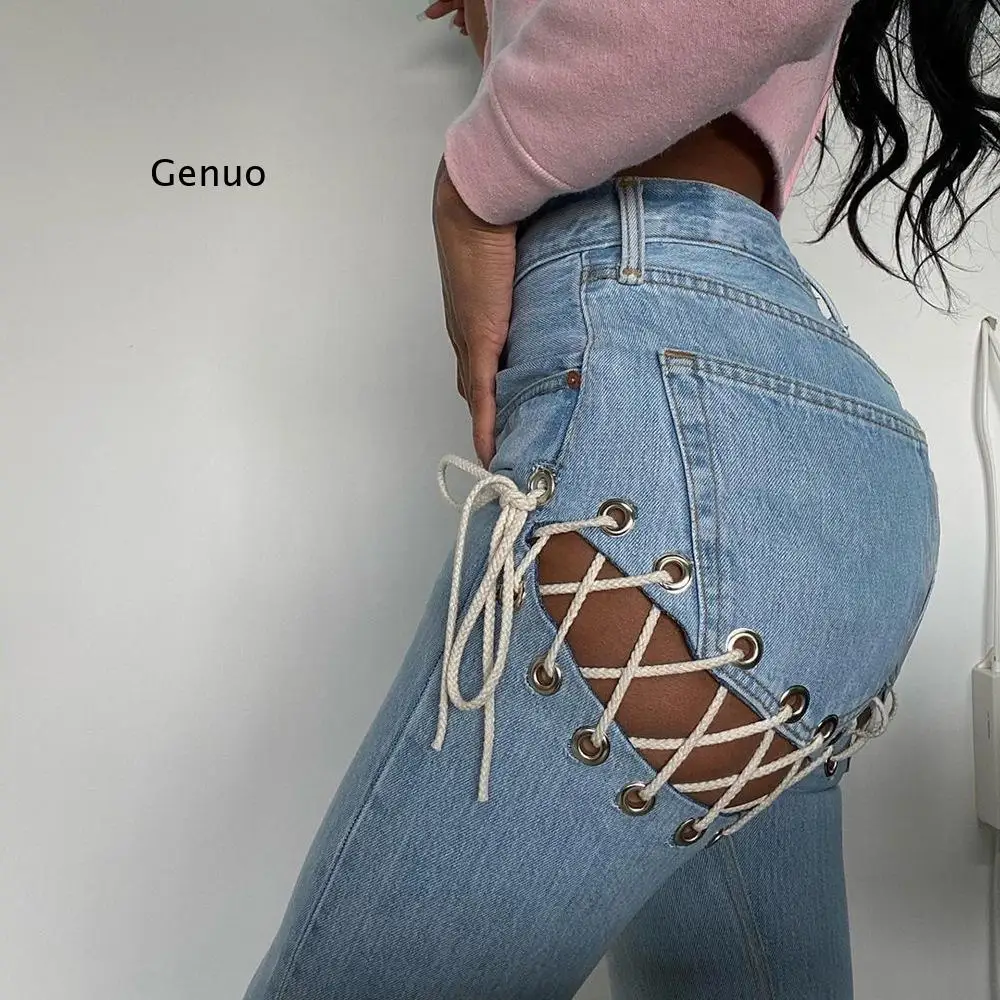 

2022 Summer New Product Best-Selling Sexy Lacing Washed Straight Jeans for Women Hip Hop Style Long Denim Pants