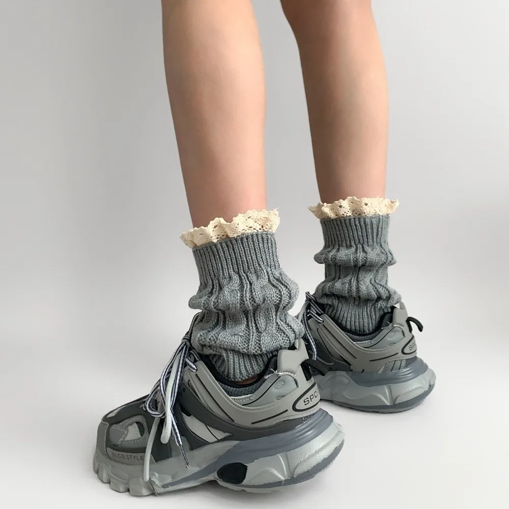 

New Solid Color Leg Warmers Thickened Lolita Mid-Calf Sock Knitted Lace Pile Sock Gift