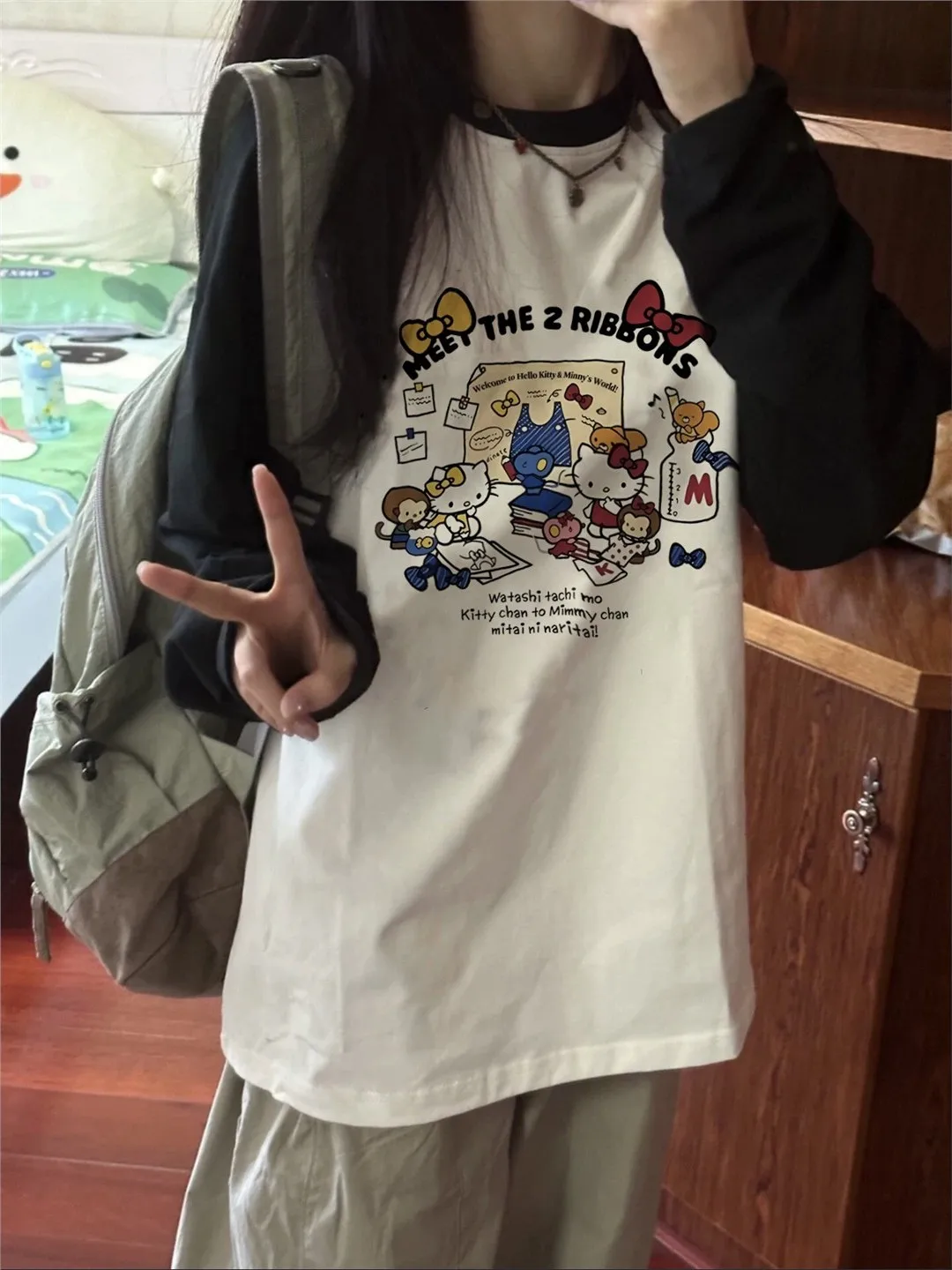 تي شيرت Retro American Kit Color Blo Long Sve من القطن الخالص للفتيات في المدرسة المتوسطة لربيع الخريف فضفاض ومريح...