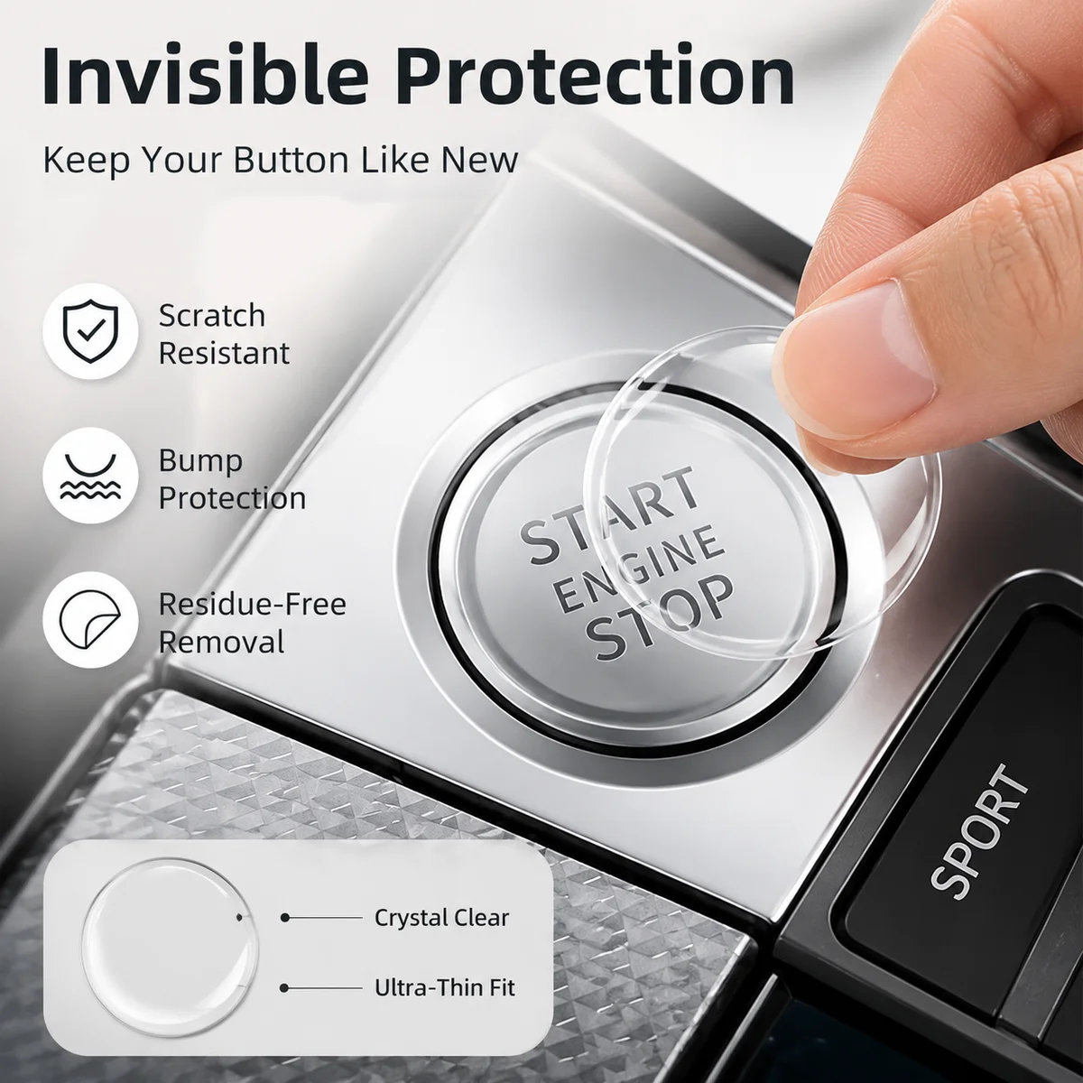 Transparent Car Start Stop Button Protector Film Crystal Clear Scratch Resistant Trim Cover Easy Press Fit Interior