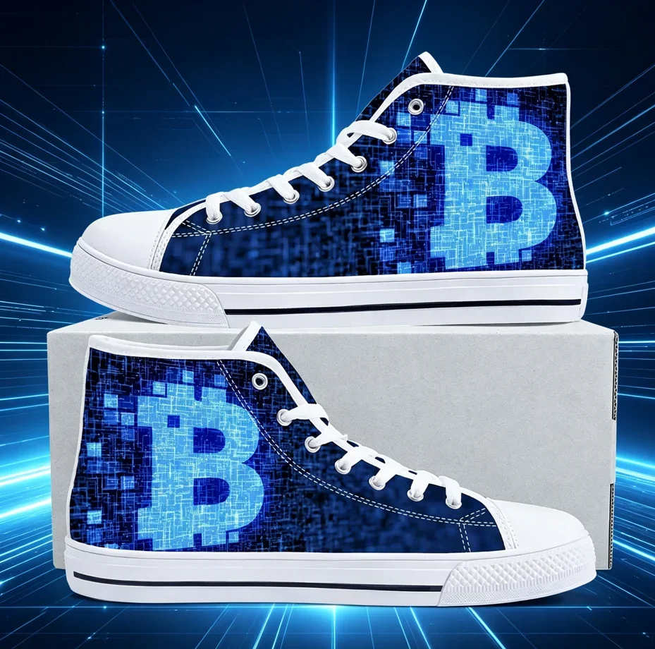 Bitcoin Custom high-top canvas shoes with coin pattern, unisex trendy casual sneakers