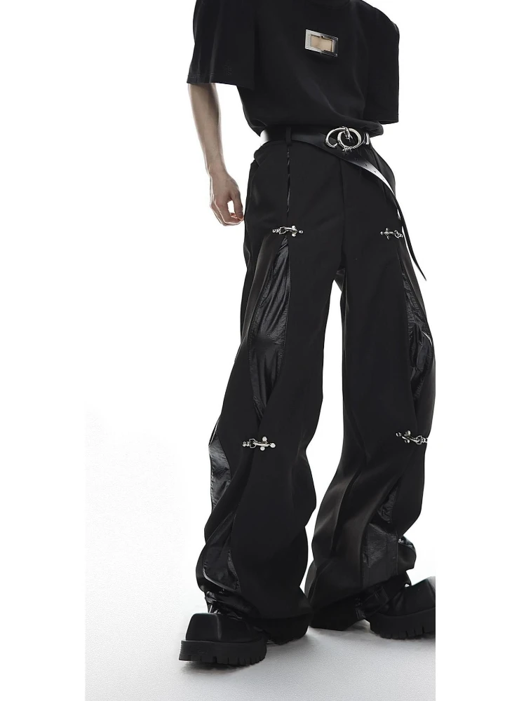 Mens Trousers Harajuku Deconstructed Streetwear Metal Buckle Suit Pants Leather Patchwork Straight Leg Loose Fit Draped Casual view 2