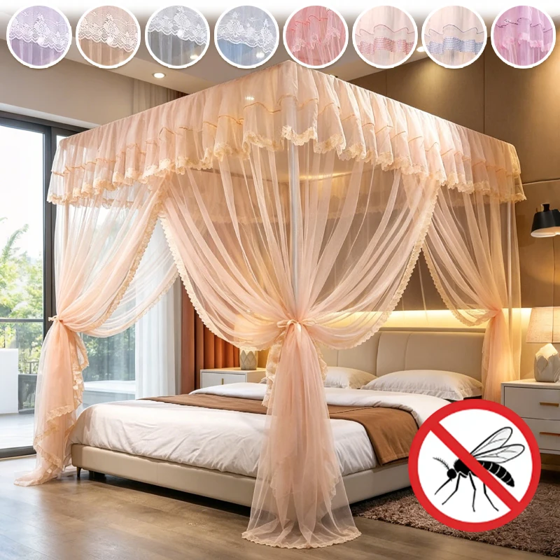 3 Doors Princess Lace Bed Mosquito Net Extra High 360° Protection Bed Canopy Breathable Mesh Bed Mosquito Net with Sturdy Frame