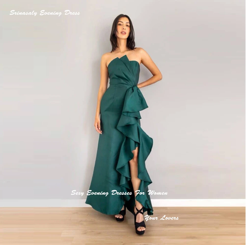 

Strapless Customized Ruffles Satin Evening Dresses For Sexy Women Long Formal Prom Dress With Slit A-Line Corset Cocktail Gowns