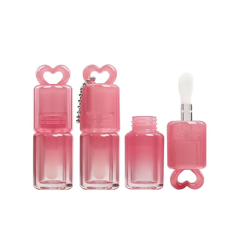 

50Pcs Empty Gradient Pink 3ml Heart-Shaped Lip Gloss Container Key Chain Clear Lipgloss Packaging Tubes with Big Brush Wand