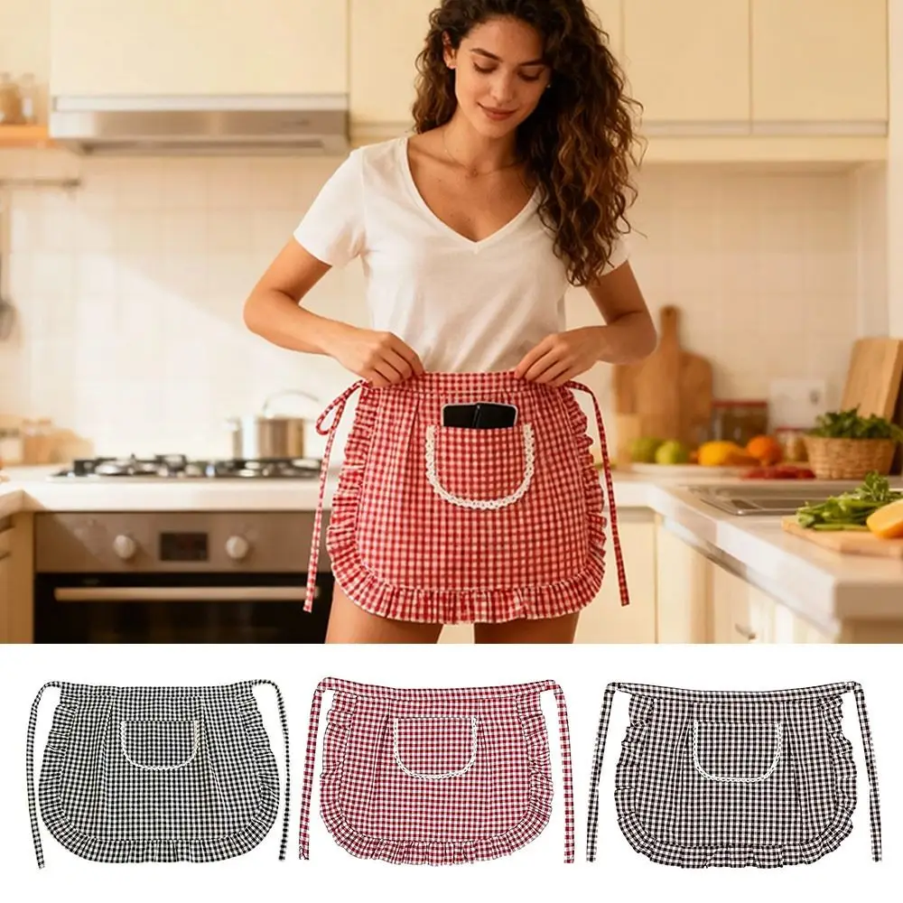 Fashion Cotton Half-length Apron Stain-resistant Breathable Cooking Work Clothes Square Check Kitchen Apron for Cooking or Work