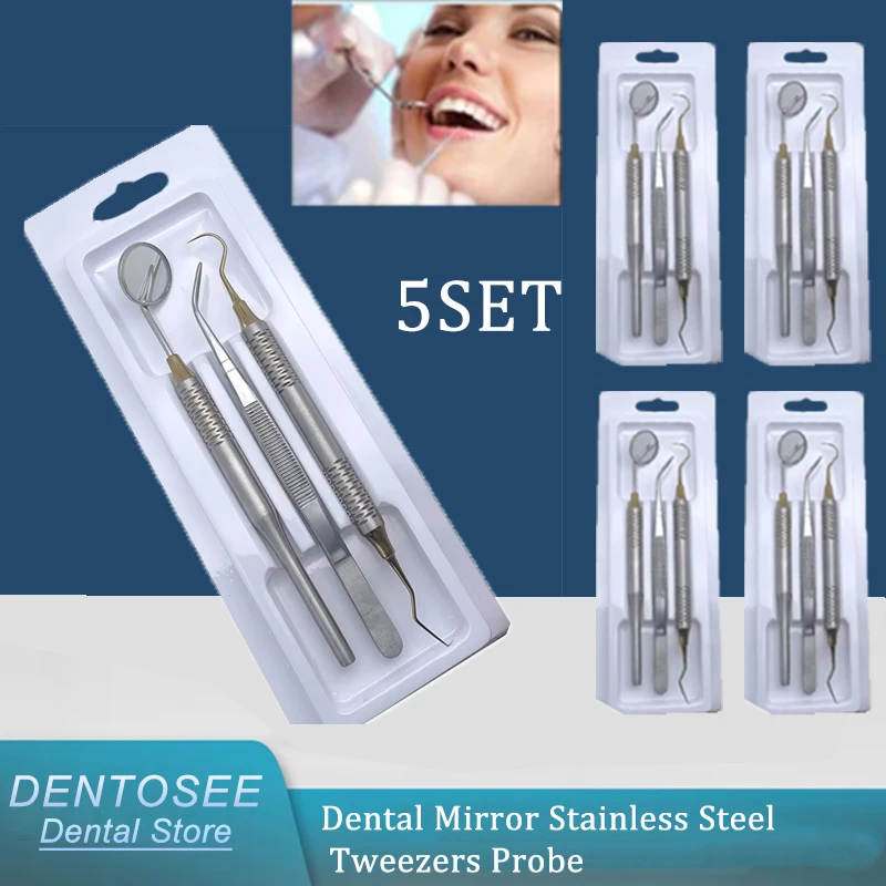 

5Kit Dental Mirror Stainless Steel Tweezers Probe Dentist Tools Teeth Cleaning Whitening Set Oral Care Double Ended Instruments