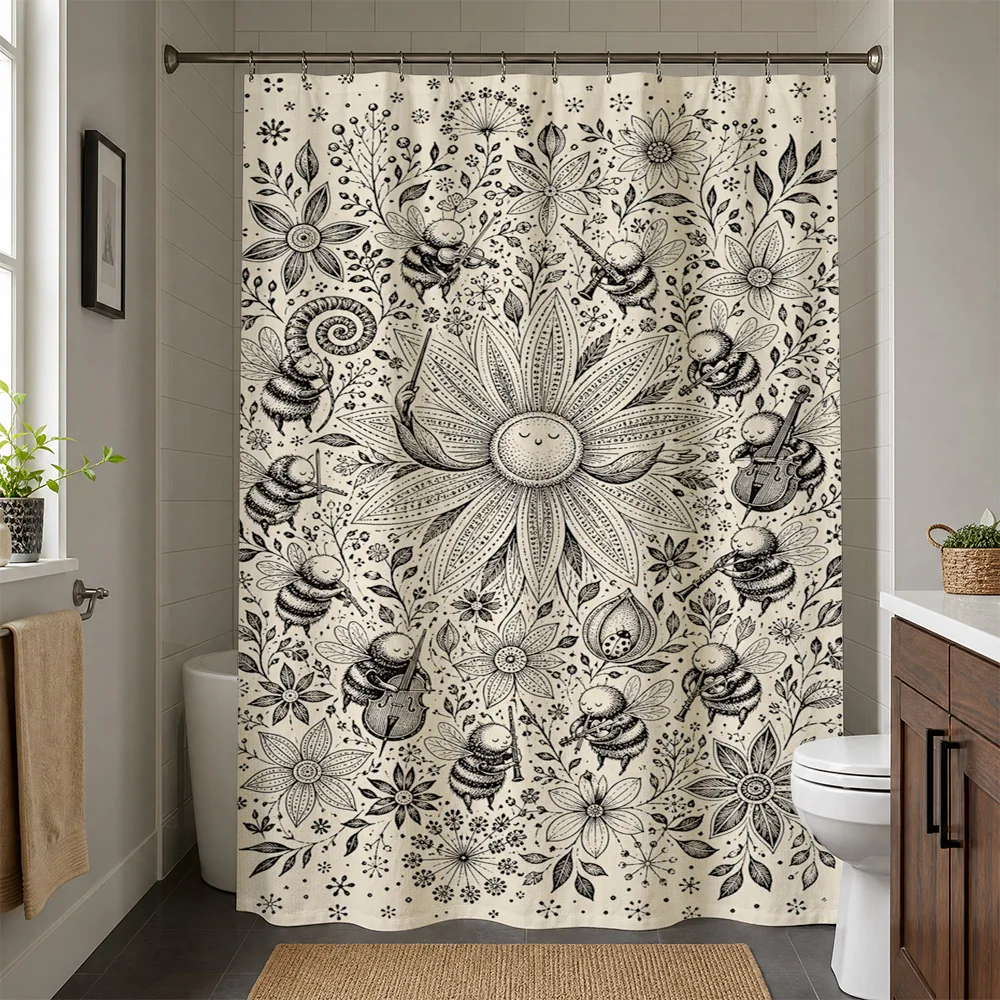Waterproof Botanical Shower Curtain Bee Floral Print Bathroom Decor Nature Style Bohemian Aesthetic Shower Curtain Panel