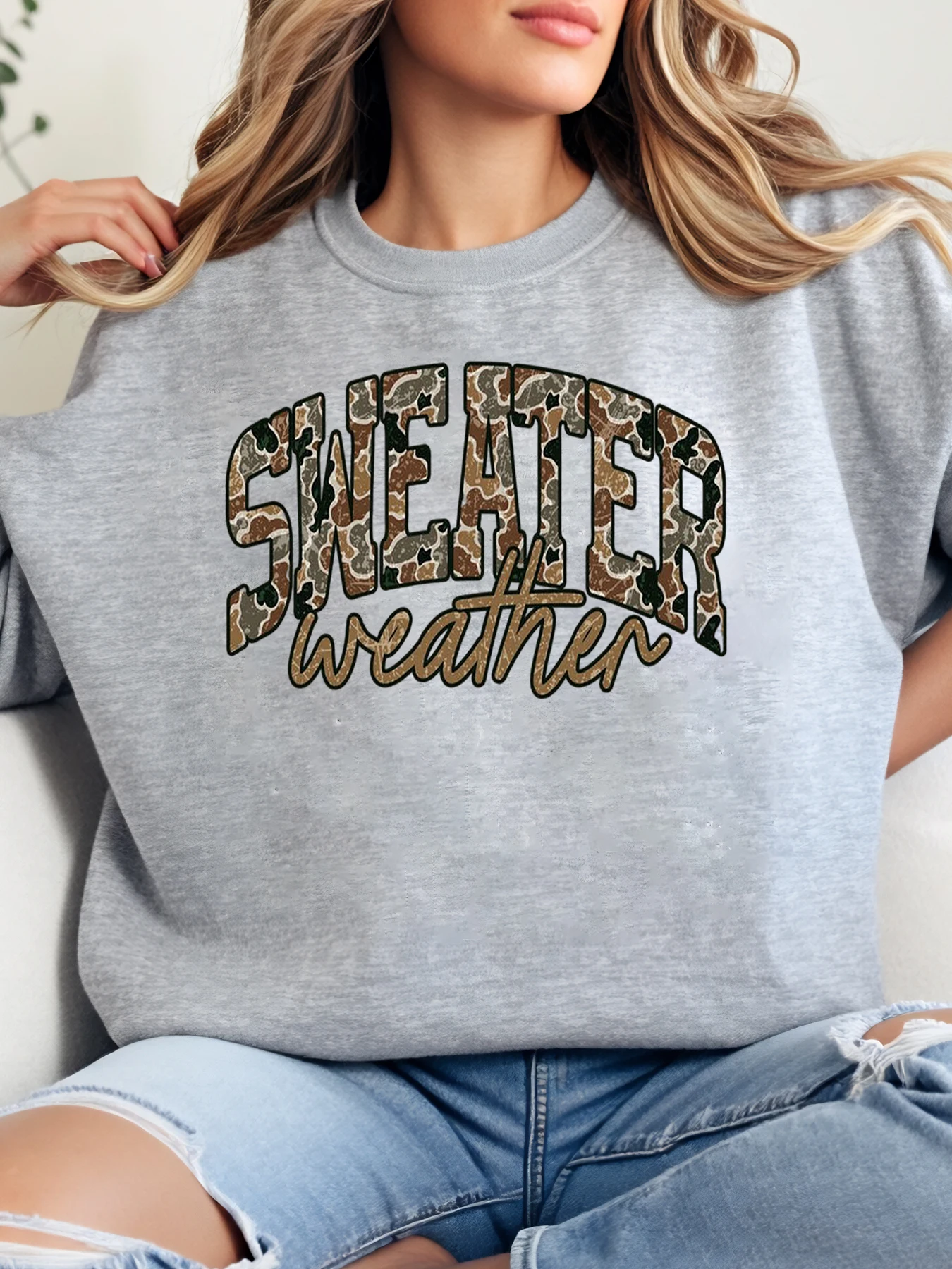 

Свитер с камуфляжным принтом, толстовка с рисунком погоды, осень-зима, женская повседневная одежда, серый, больших размеров