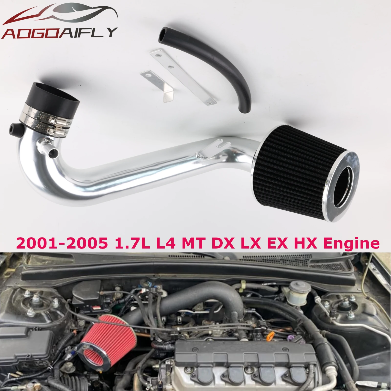factory supply DX/LX/EX/GX/VP Cold Air Intake Kit for Honda Civic 2001 2002 2003 2004 2005 1.7L AT/MT Black Pipe Red Filter