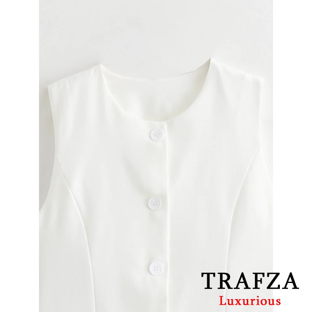 TRAFZA Office Lady Solid White Vest Women O Neck Buttons Front Split Long Vest Blazer Fashion 2024 Summer Elegant Casual Tops