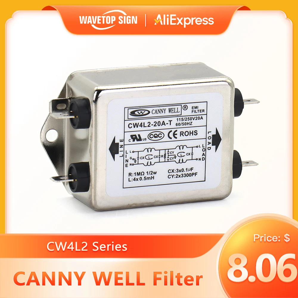 CANNY WELL CW4L2-20A-T EMI Power Filter Single Phase CW4L2-10A -T CW4L2-6A -T AC 115V / 250V 20A 50/60Hz For Laser Machine