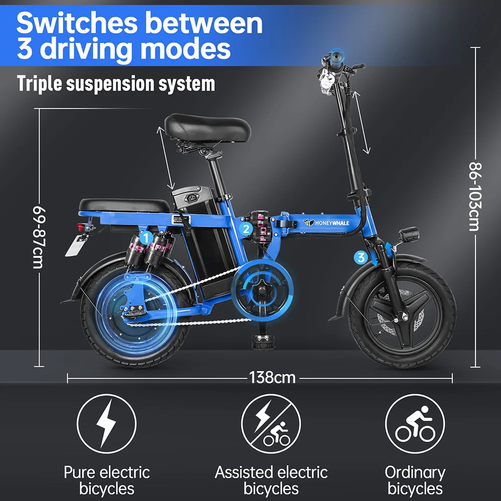 HONEYWHALE-Bicicleta Eléctrica S6 Pro S de 14 pulgadas, Motor sin escobillas de 350W, batería de 48V y 15Ah, 45-55km de alcance, seis amortiguadores