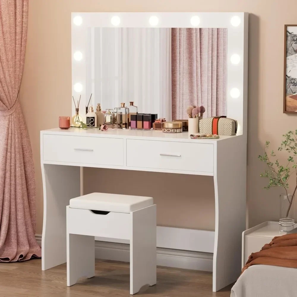 Make-up set with large illuminated mirror with 2 drawers, upholstered storage stool, 3 lighting modes with adjustable brightness