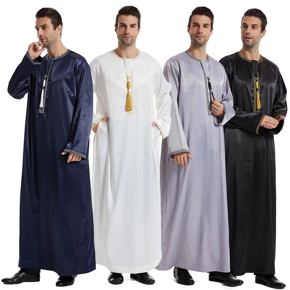 Ramadan Robe Arabo Medio Oriente Musulmano Uomini Thobe Jubba Maniche Lunghe Nappa Caftano Islamico Thawb Maxi Dubai Abaya Abito Eid Abaya