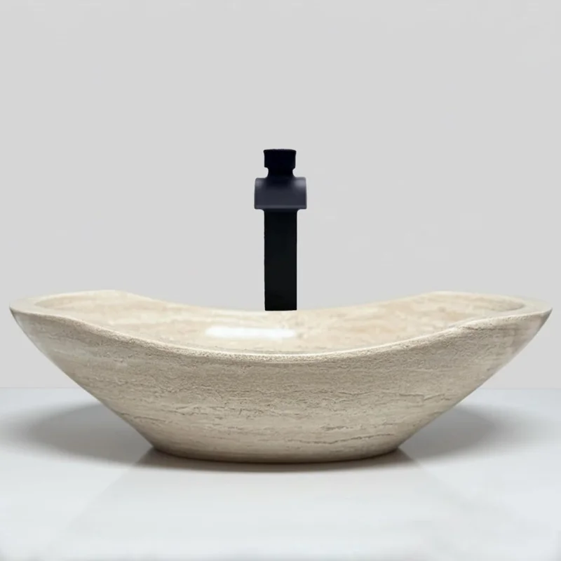 

Travertine Vessel Sink – Natural Stone Bathroom Basin, Fully Polished Above Counter Vanity, Includes Matching Soap Tray