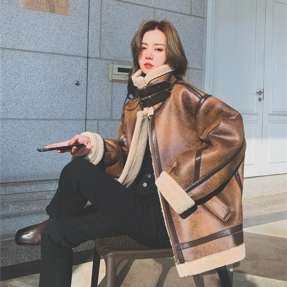 Leather Thicken Warm Jackets Korean Lamb Fur Coat Women Vintage Winter Clothing Loose Streetwear Outerwear Winter Clothes Women