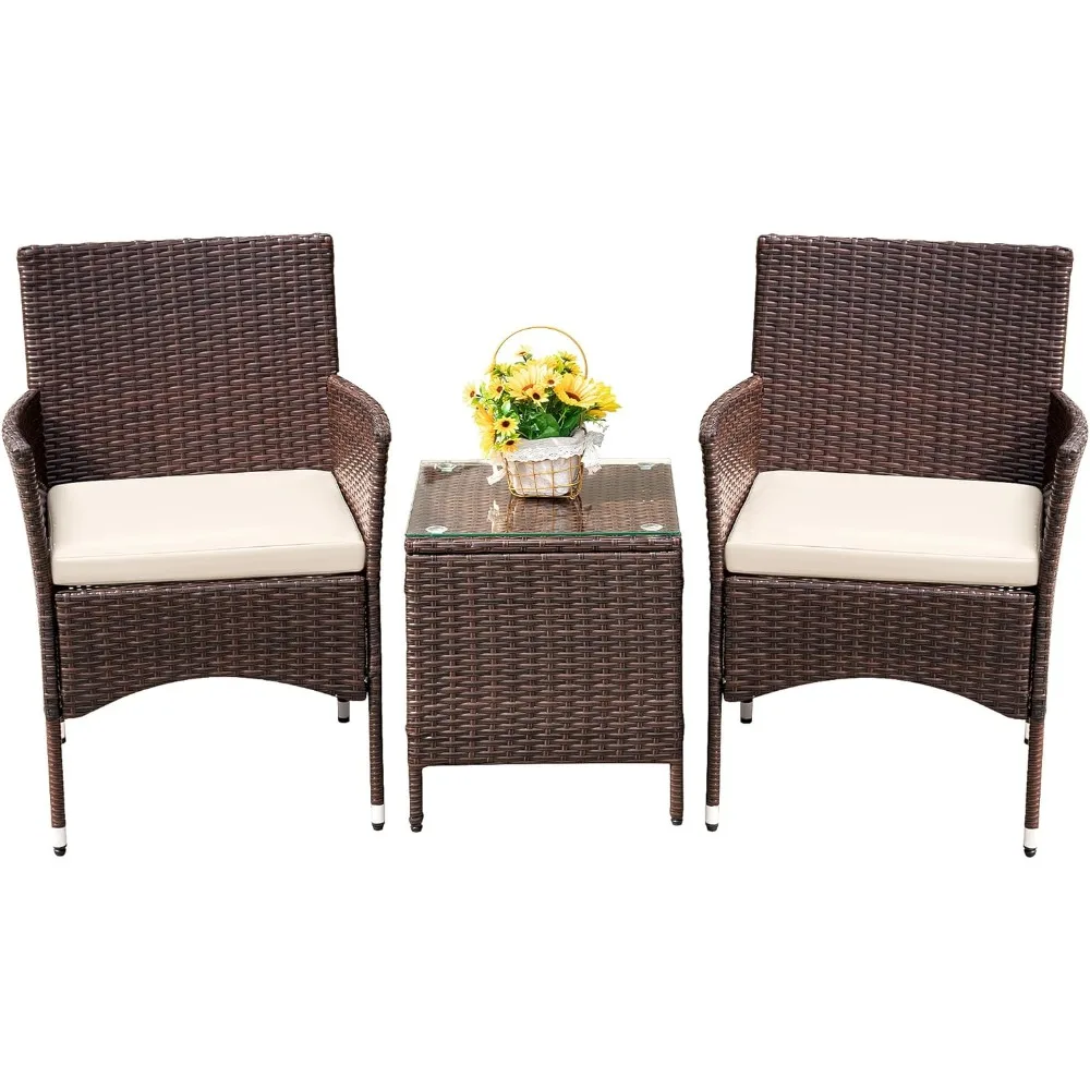 

Patio Porch Furniture Sets 3 Pieces PE Rattan Wicker Chairs with Table Outdoor Garden Furniture Sets