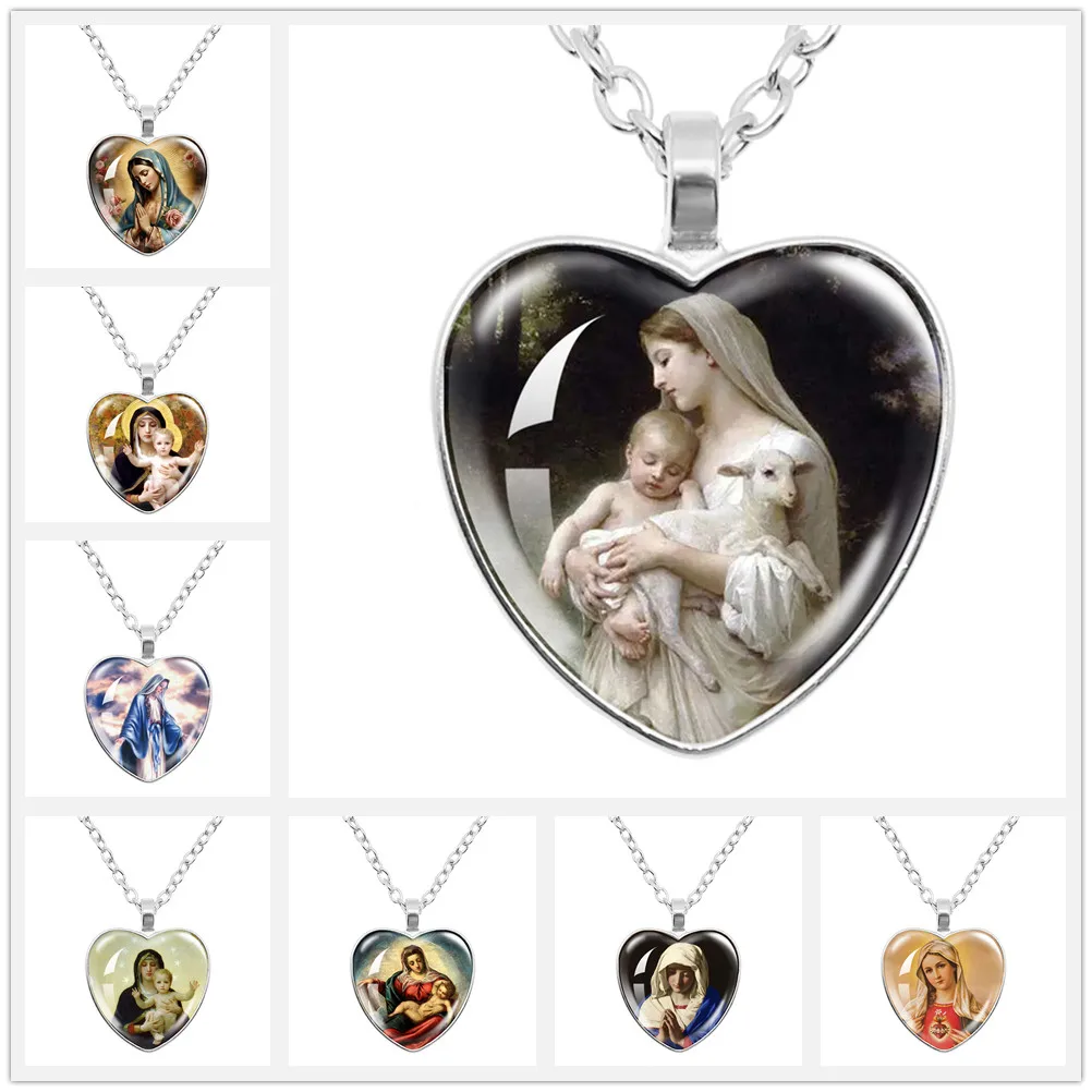 New Peach Heart Pendant Necklace Virgin Mary Religious Love-Heart Necklace Charm Glass Pendant Religious Faith Fashion Jewelry