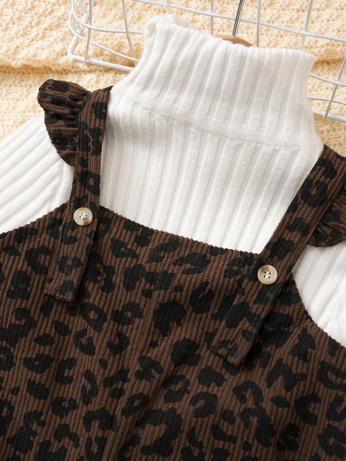 Mädchen Einteiler Overall Leopardenmuster Cord-Jumpsuit Weites Bein Latzhose Mädchen Rüschen-Träger-Strampler Herbst Kinderkleidung – Detail 9