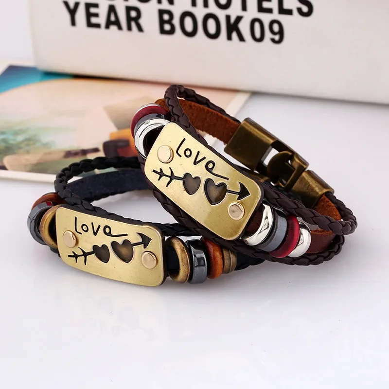 Adjustable Leather Bracelets for Couple Braided PU Black Brown Bangle One Arrow Through Heart Charm Bracelet Gift Dropshipping