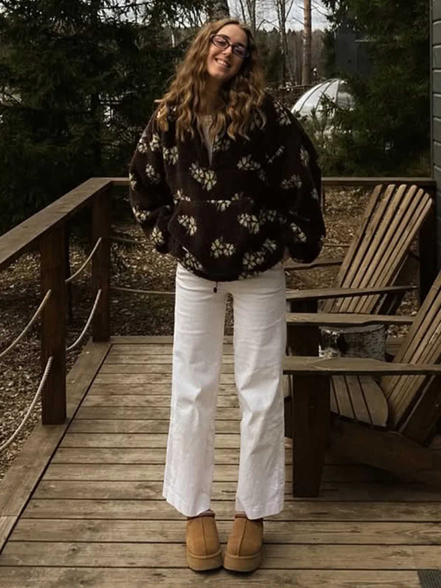 Blubelle الخريف الشتاء المرأة شيربا الأزهار هوديس نصف البريدي نمط فضفاض صالح الدافئة أنيق جديد البلوز #5