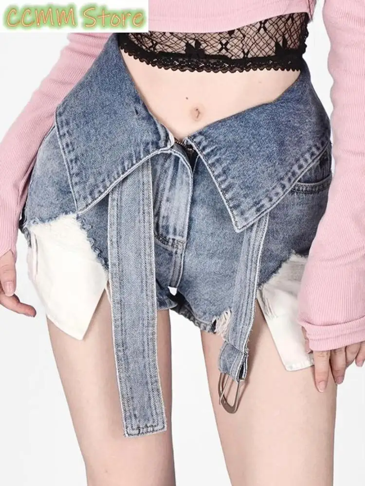 New Summer Bule Fashion Shorts Women Patchwork Korean Style Designer Denim Pants Female High Waist Casual Vintage Pants