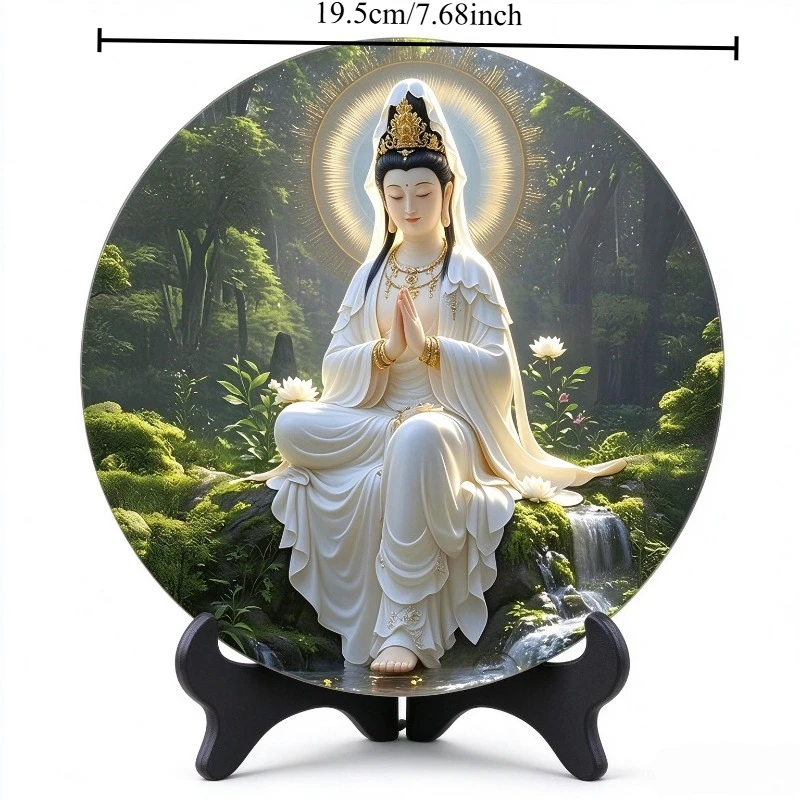 Round Decorative Plate with Black Tripod Stand, Guanyin in Forest Pattern Tabletop Ornament, Oriental Zen Art Desktop Home Decor