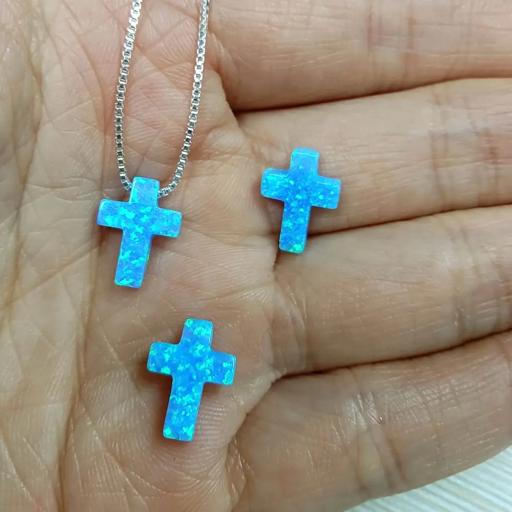 (2PCS - 10Pcs/Lot) Cross Opal Pendant 9x12MM Fire Light Blue OP06 For Fashion Necklace or Bracelet