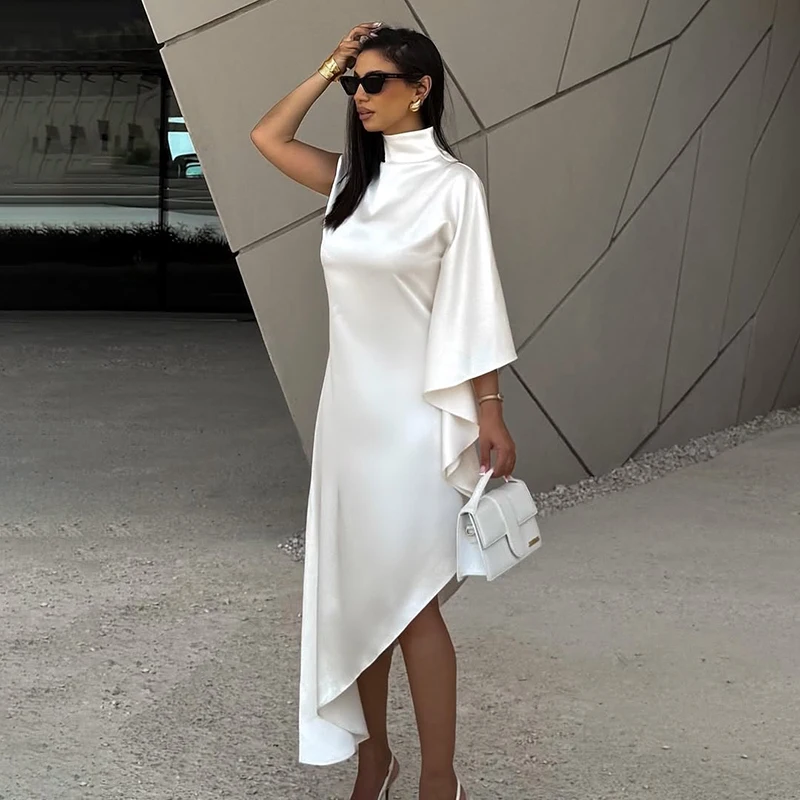 Satin One Shoulder Long Dress Women 2026 Summer Casual Turtleneck Asymmetric Loose Dresses Party Club Fashion Cover Up Dress