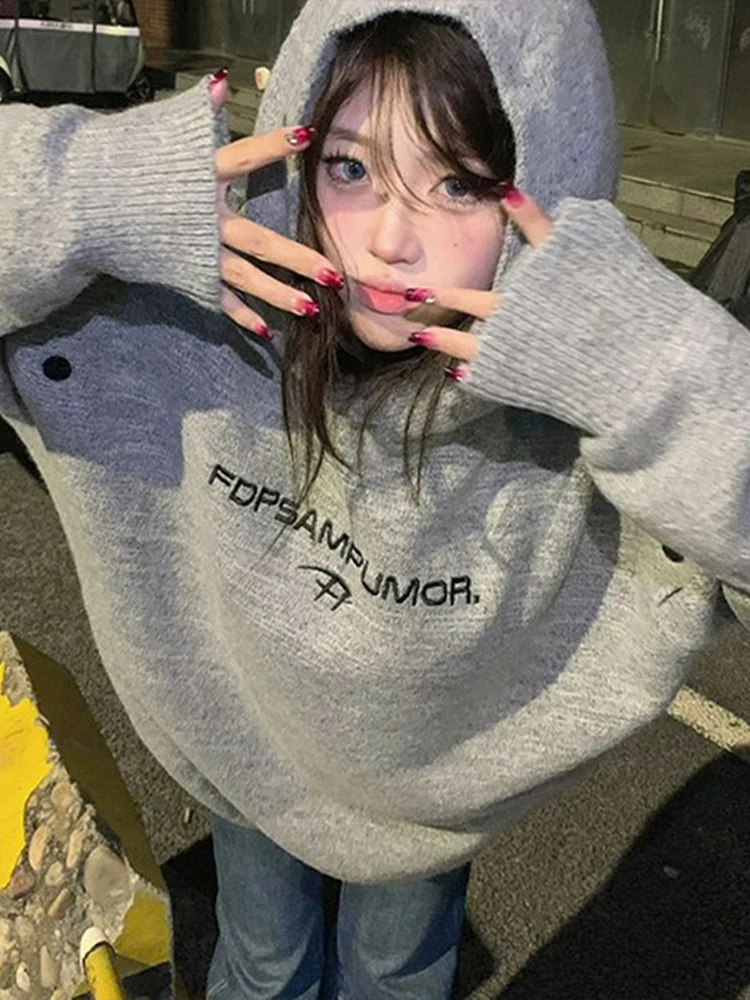 Retro Amerykańska Bluza z Haftem Dzianinowa Jesienno-Zimowa Casualowa Luźna Uniwersalna Bluza dla Par z Włókna Poliestrowego Długi...