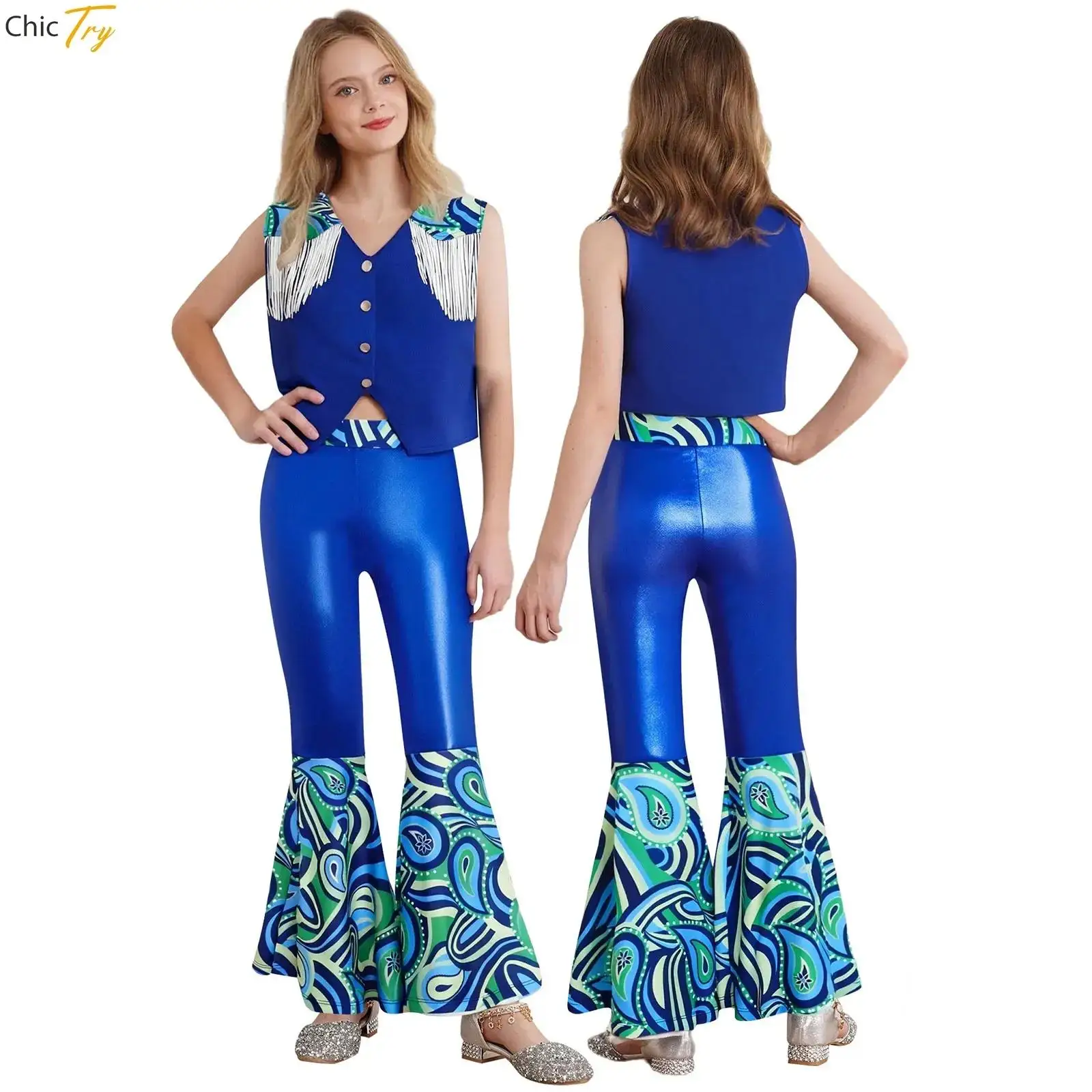 

Детский костюм для косплея на Хэллоуин, костюм для девочек-ковбоев, комплект из 2 предметов, хиппи, джазовый танцевальный костюм, жилет с металлическими кисточками, жилет, топ с брюками-клеш