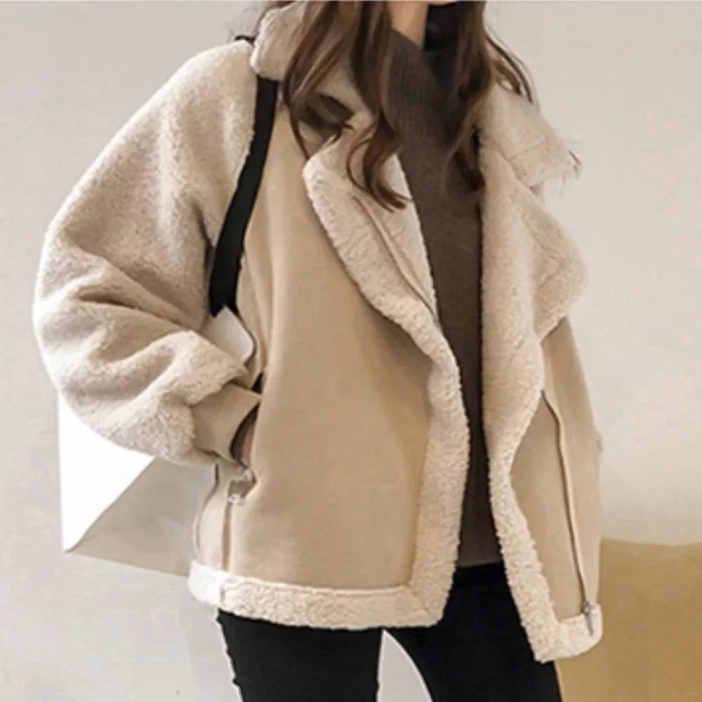 Jacket Women Topcoat Bomber Coat Thicken Casual Loose Outerwear  Pocket Lamb Hair Autumn Winter Female Clothing Girl Streetwear