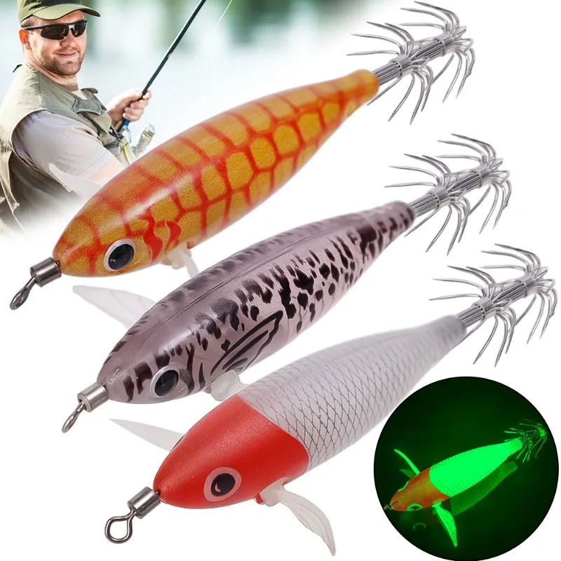 Fishing Lure Luminous Wood Shrimp Squid Hook Fluorescent Fishing Bait Lure Mock Rocket Squid Strengthening Hook Accessories