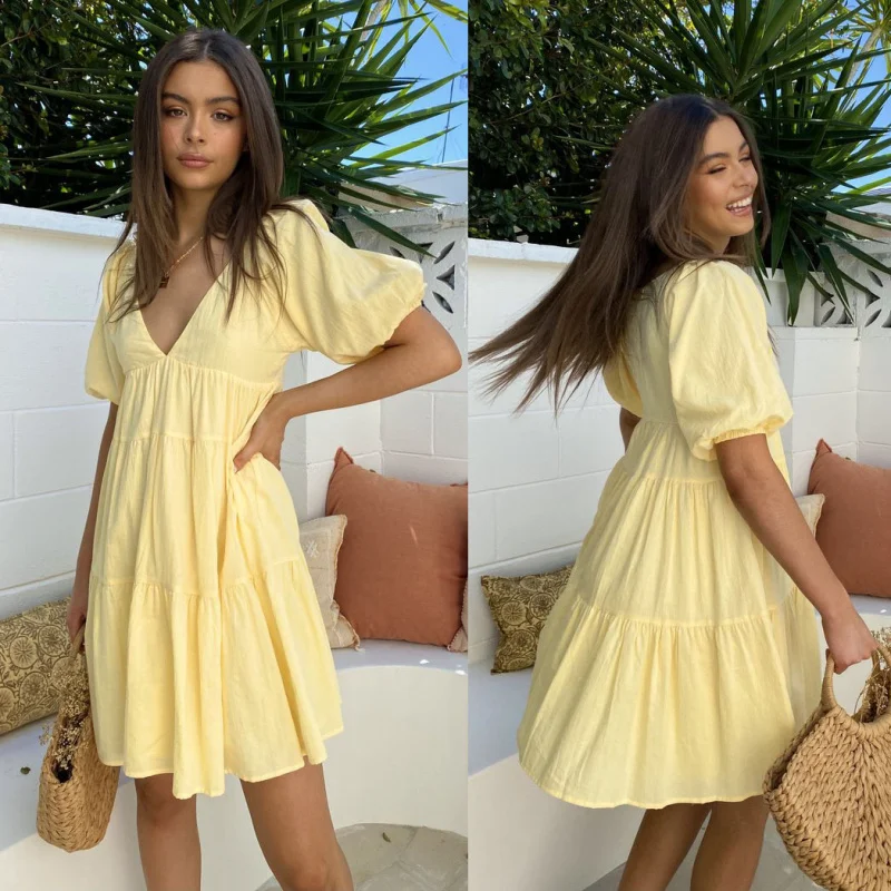 Gelbes Damen-Minikleid mit Puffärmeln, V-Ausschnitt, kurzen Ärmeln, lockerer A-Linie, Sommerkleid, lässiges Strandkleid