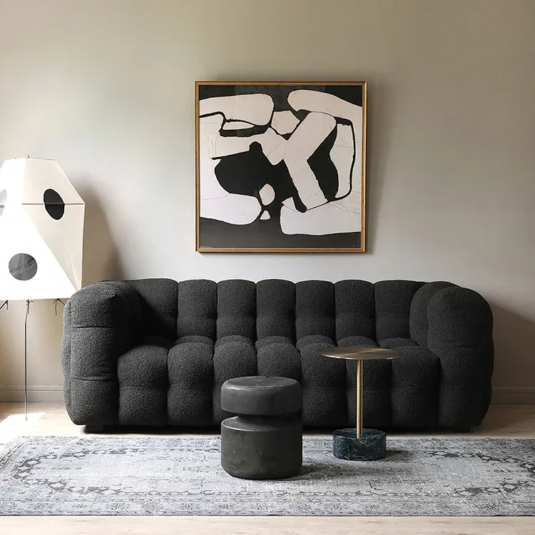 

Nordic Simple Retro Fabric Sofa Living Room Design Feeling Lambswool Black Living Room Three-Seat