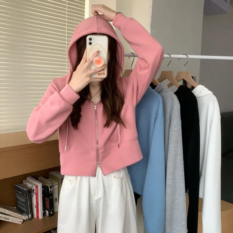 

Women Hoodies Long Sleeve Hooded Draw String Sweatshirts Zipper Cardigan Solid Color High Street Korean Winter 2023 Slim Fit