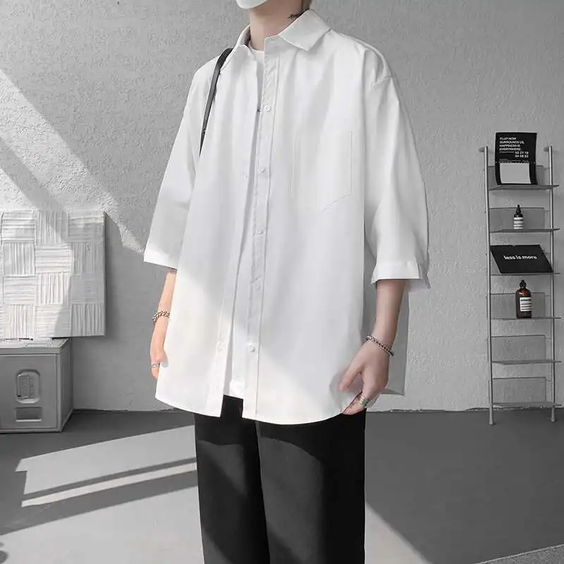 Summer Short Sleeved Shirt Men Fashion Society Mens Black Formal Dress Shirt Korean Loose Casual Shirt Mens White Shirts M-3XL
