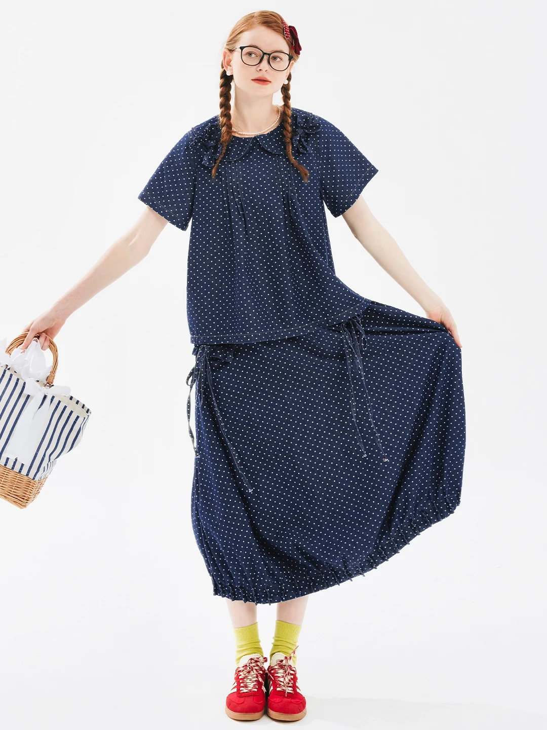 imakokoni 2024 summer new Korean style versatile polka dot denim pleated skirt 244734