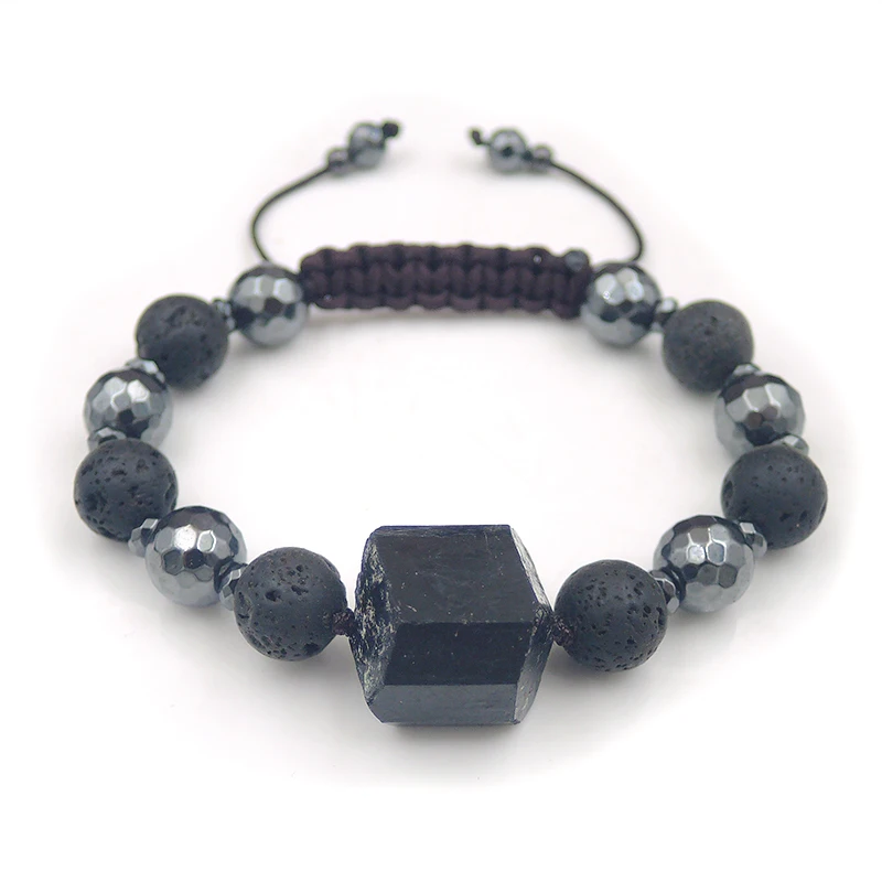 Black Tourmaline Point Hematite Faceted Volcanic Ore Round Beads Bracelet Hand-knitted Approx 6-8 Inches