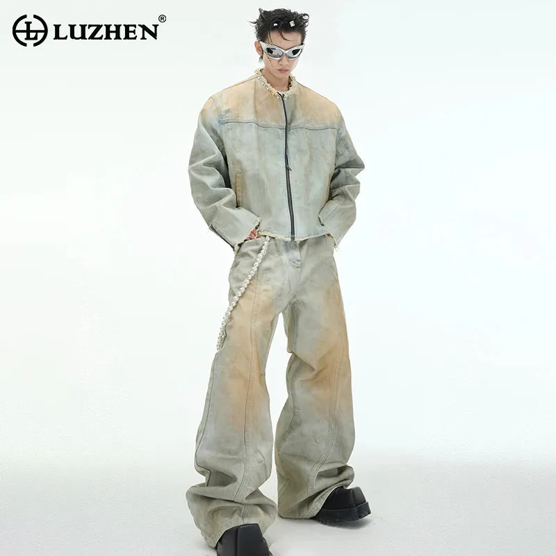 

LUZHEN Spring Original High Street Clothes Fashion Personalized 2025 Tie-dyed Loose Jeans Pearl Neck Trendy Denim Jacket JY5504