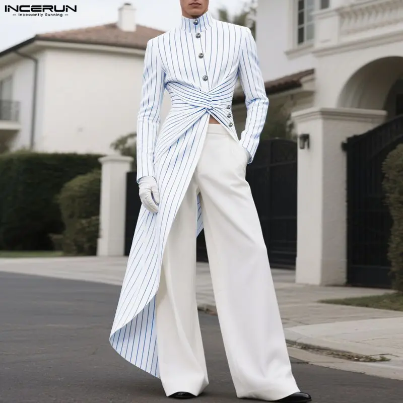 INCERUN Men Irregular Shirt Striped Stand Collar Long Sleeve Casual Men Clothing Streetwear Elegant Fashion Male Tops Camisas