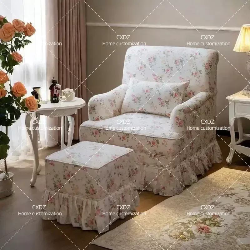Retro Small Floral Cotton Linen Fabric Sofa Chair Pastoral Balcony Living Room Homestay Leisure Armchair Tiger Pattern Seat