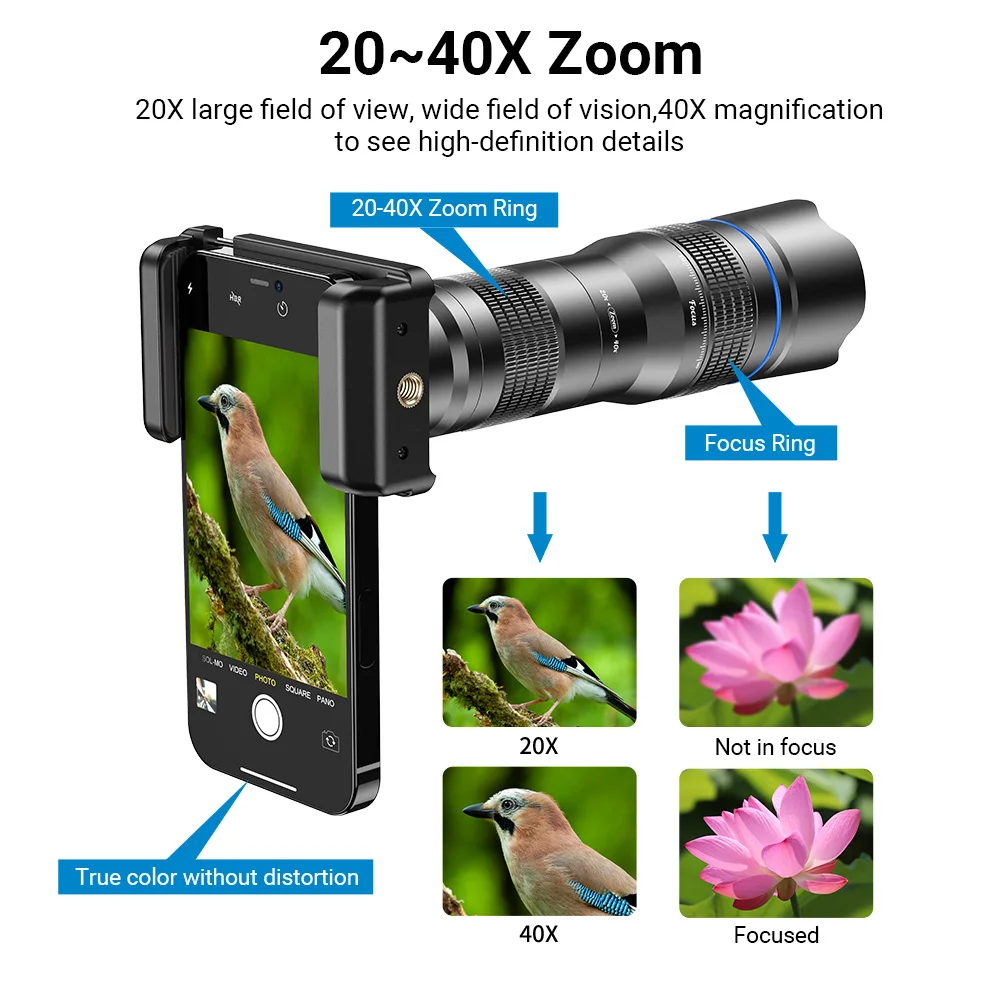

Телеобъектив APEXEL 20-40X для фотосъемки, комплекты объективов с большим увеличением для смартфонов и камер, для путешествий, кемпинга, наблюдения за птицами